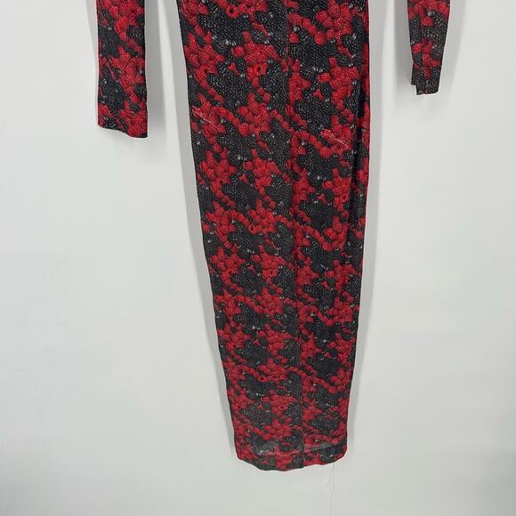 Just Cavalli Midi Dress Ruche Half Sleeve V Neck Mesh Y2K Red Black Size 40 2 - Picture 7 of 8